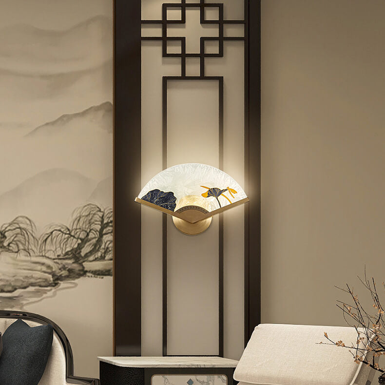 Chinese Glass Folding Fan Shaped Brass LED Wall Sconce Lamp