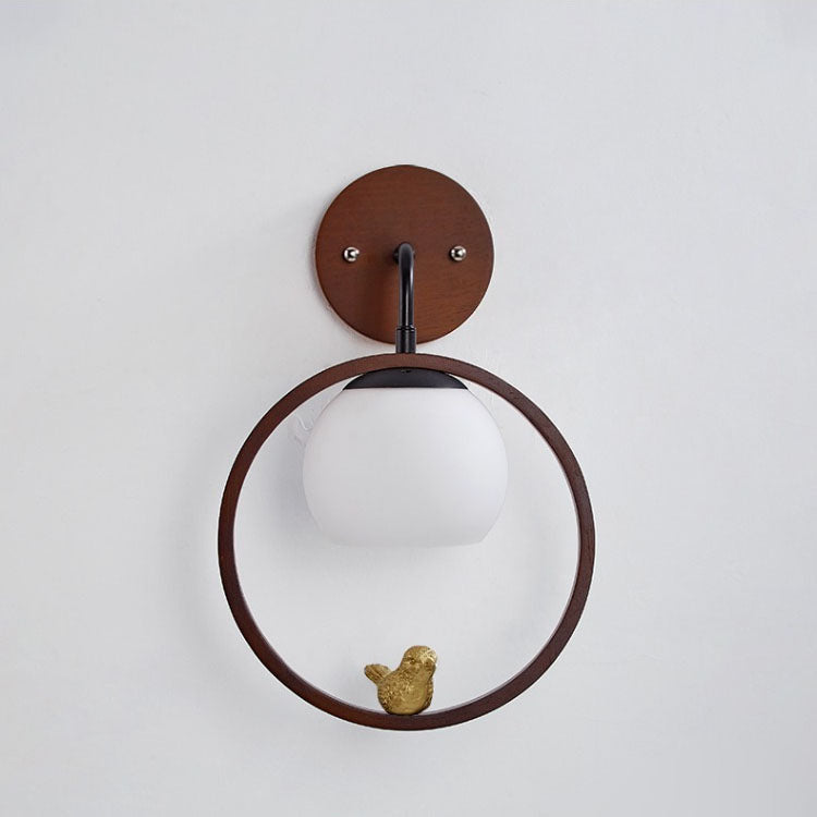 Minimalist Circle Bird Wood Glass 1-Light Wall Sconce Lamp
