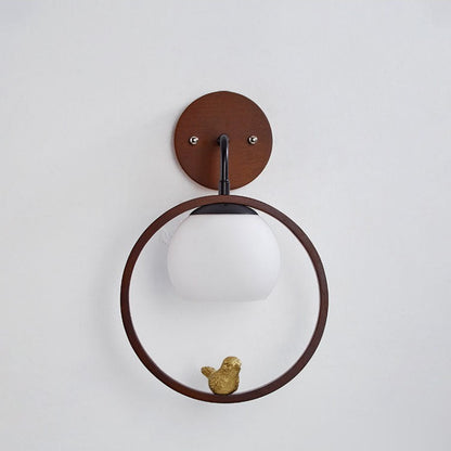 Minimalist Circle Bird Wood Glass 1-Light Wall Sconce Lamp