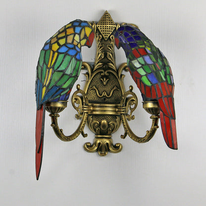 Tiffany Parrot Stained Glass 2-Light Wall Sconce Lamp