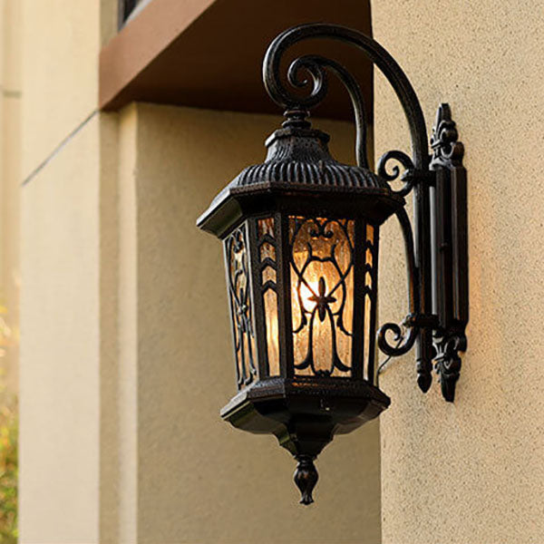 Outdoor Carved Cage Aluminum Glass 1-Light Wall Sconce Lamp