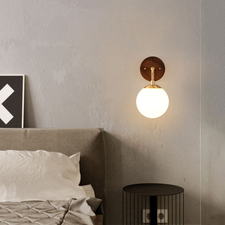 Walnut Brass Glass Round Orb 1-Light Wall Sconce Lamp