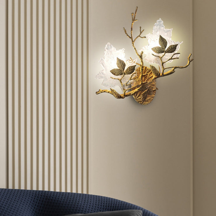 Copper Glass Maple Leaf Branch 2-Light Wall Sconce Lamp