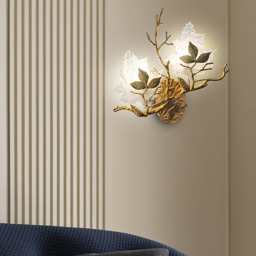 Copper Glass Maple Leaf Branch 2-Light Wall Sconce Lamp