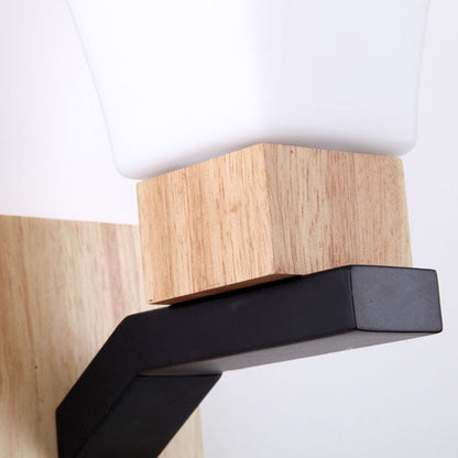 Quadrangular Solid Wood Iron Glass 1-Light Wall Sconce Lamp