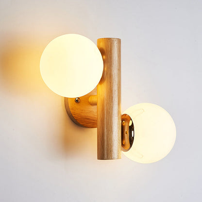 Cylinder Orb Wood Hardware Glass 2-Light Wall Sconce Lamp