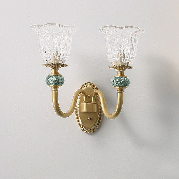 Floral Glass Brass Curved Arm 1/2 Light Wall Sconce Lamp