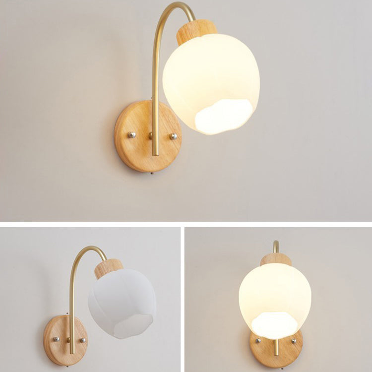Bell Pleated Glass Shade Wood 1-Light Wall Sconce Lamp