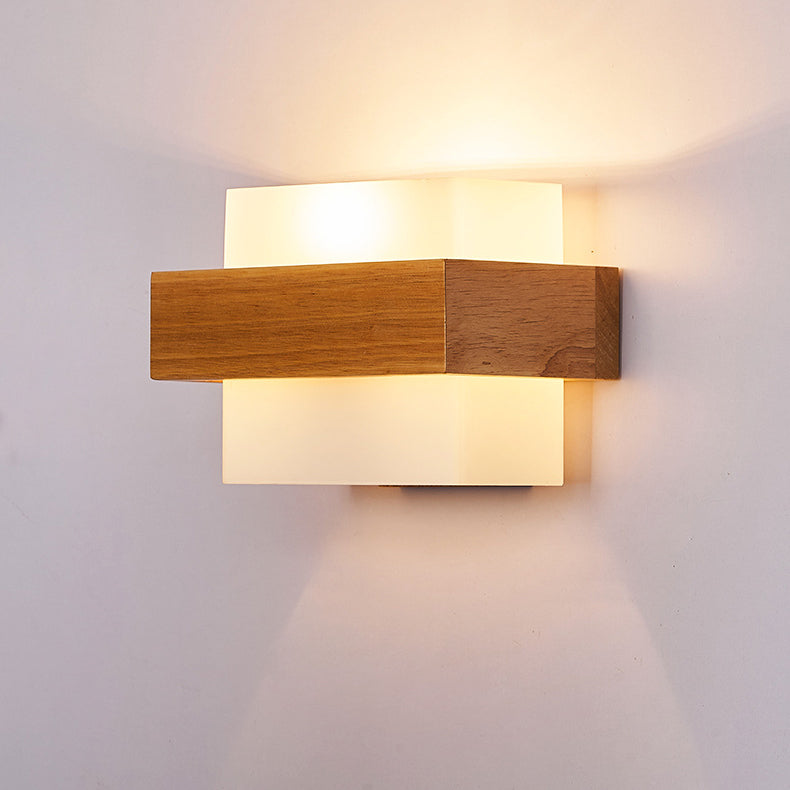 Farmhouse Wood Glass Cubic 1-Light Wall Sconce Lamp