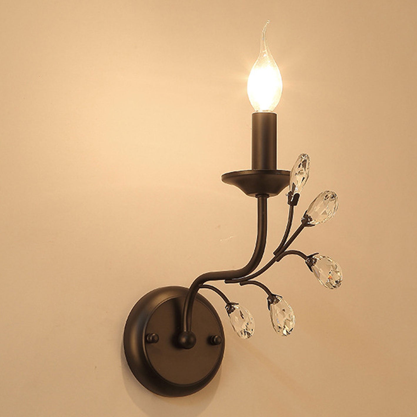 European Wrought Iron Crystal 1-Light Wall Sconce Lamp