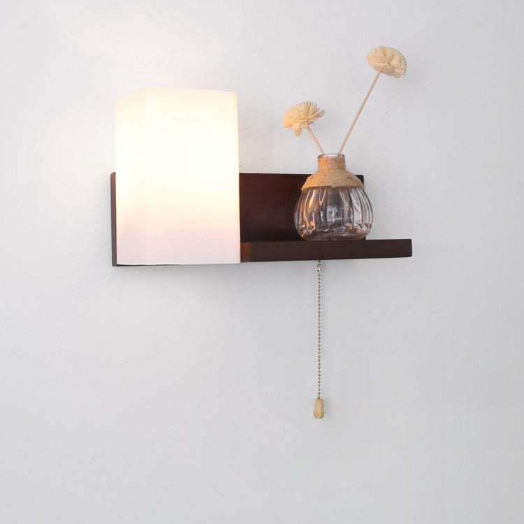Rectangular Shelf Wood Glass 1-Light Wall Sconce Lamp