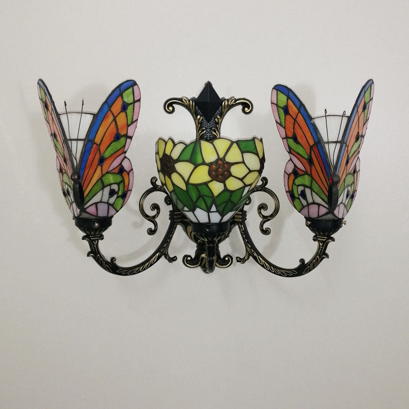 Tiffany Butterfly Alloy Iron Glass 3-Light Wall Sconce Lamp