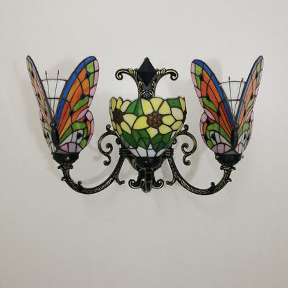 Tiffany Butterfly Alloy Iron Glass 3-Light Wall Sconce Lamp
