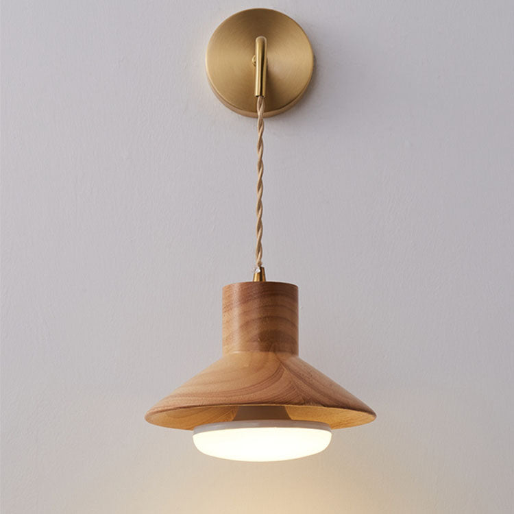Japanese Conic Rubber Wood 1-Light Wall Sconce Lamp