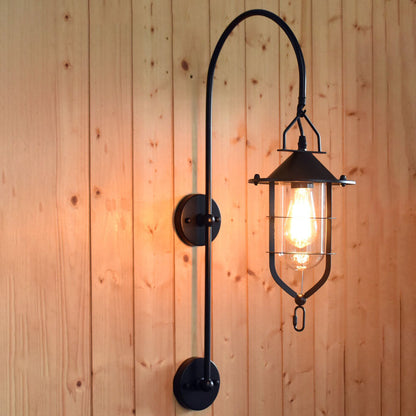 Iron Glass Cage Curved Arm 1-Light Wall Sconce Lamp