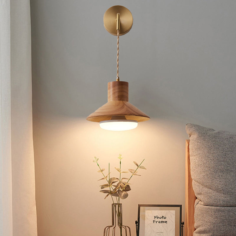 Japanese Round Wood Copper Glass 1-Light Wall Sconce Lamp