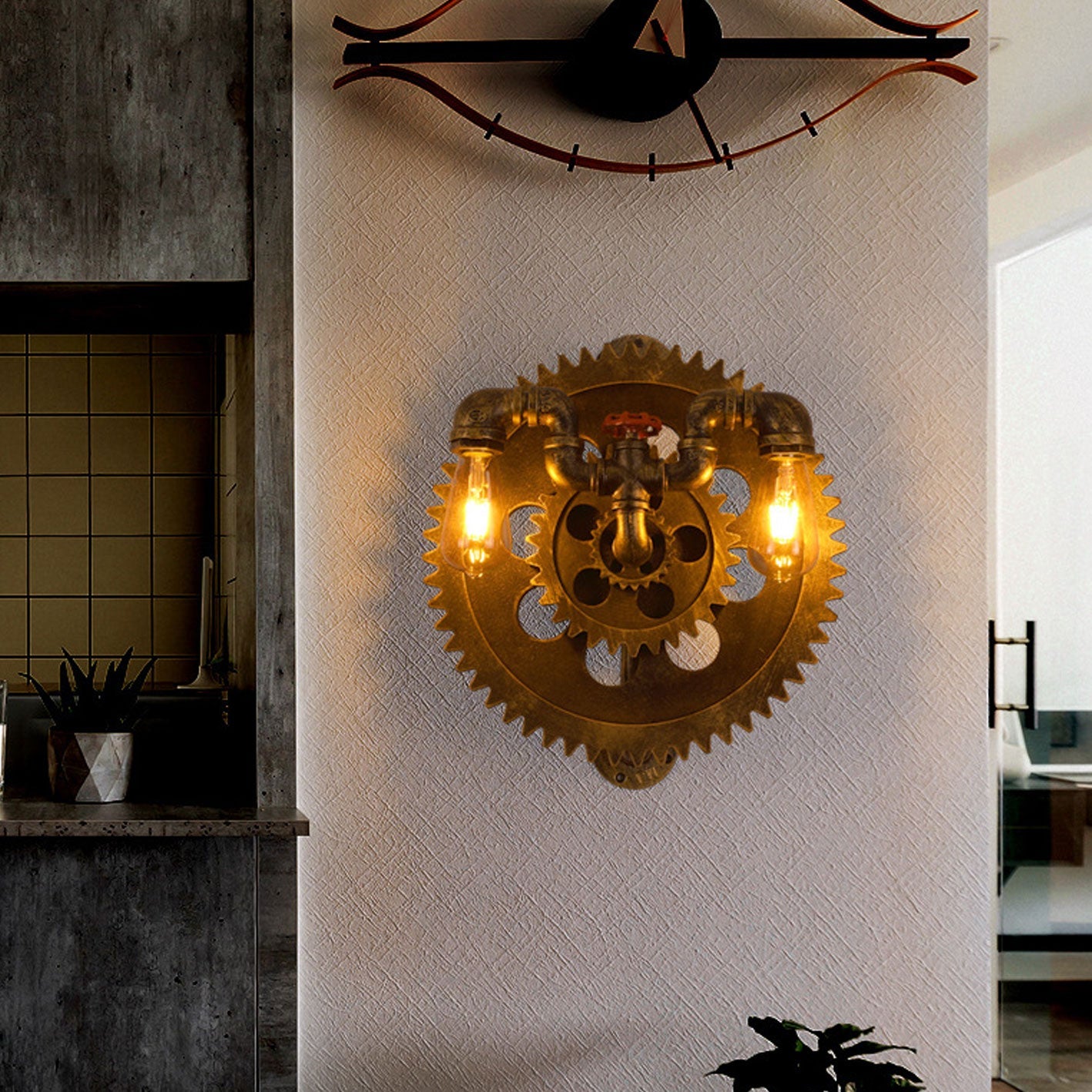 Gear-shaped Wrought Iron 1/2-Light Wall Sconce Lamp