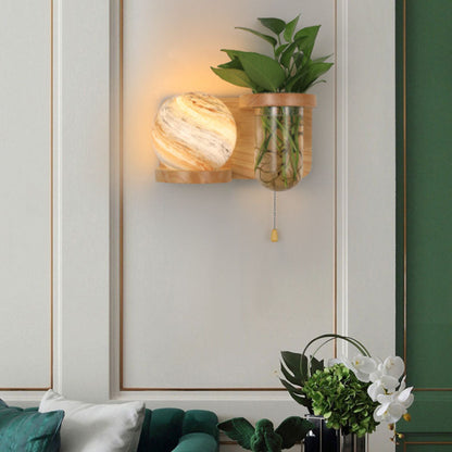 Minimalist Oak Glass Planet 1-Light Wall Sconce Lamp