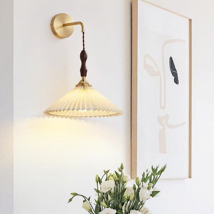 Japanese Ceramic Conic Pleated 1-Light Wall Sconce Lamp