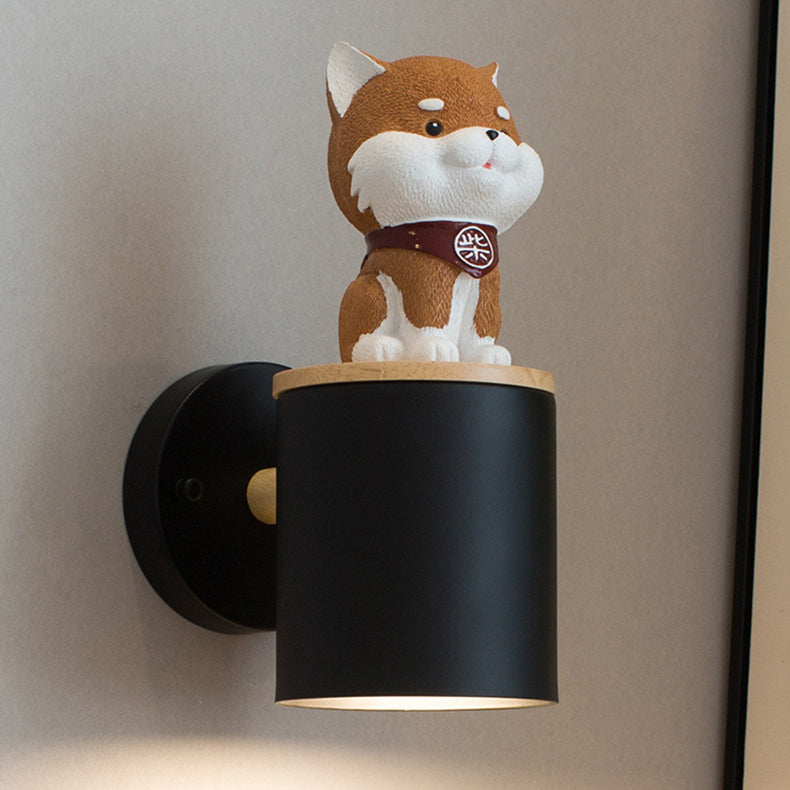 Resin Puppy Iron Cylinder Shade 1-Light Wall Sconce Lamp
