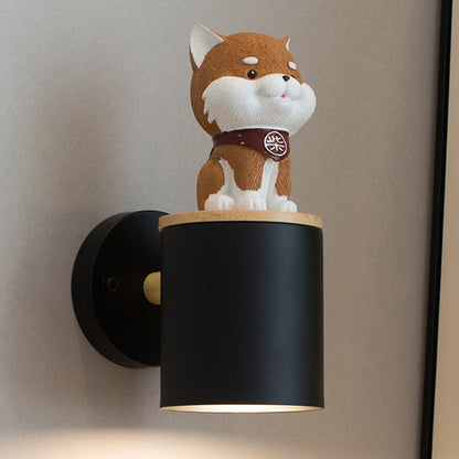 Resin Puppy Iron Cylinder Shade 1-Light Wall Sconce Lamp