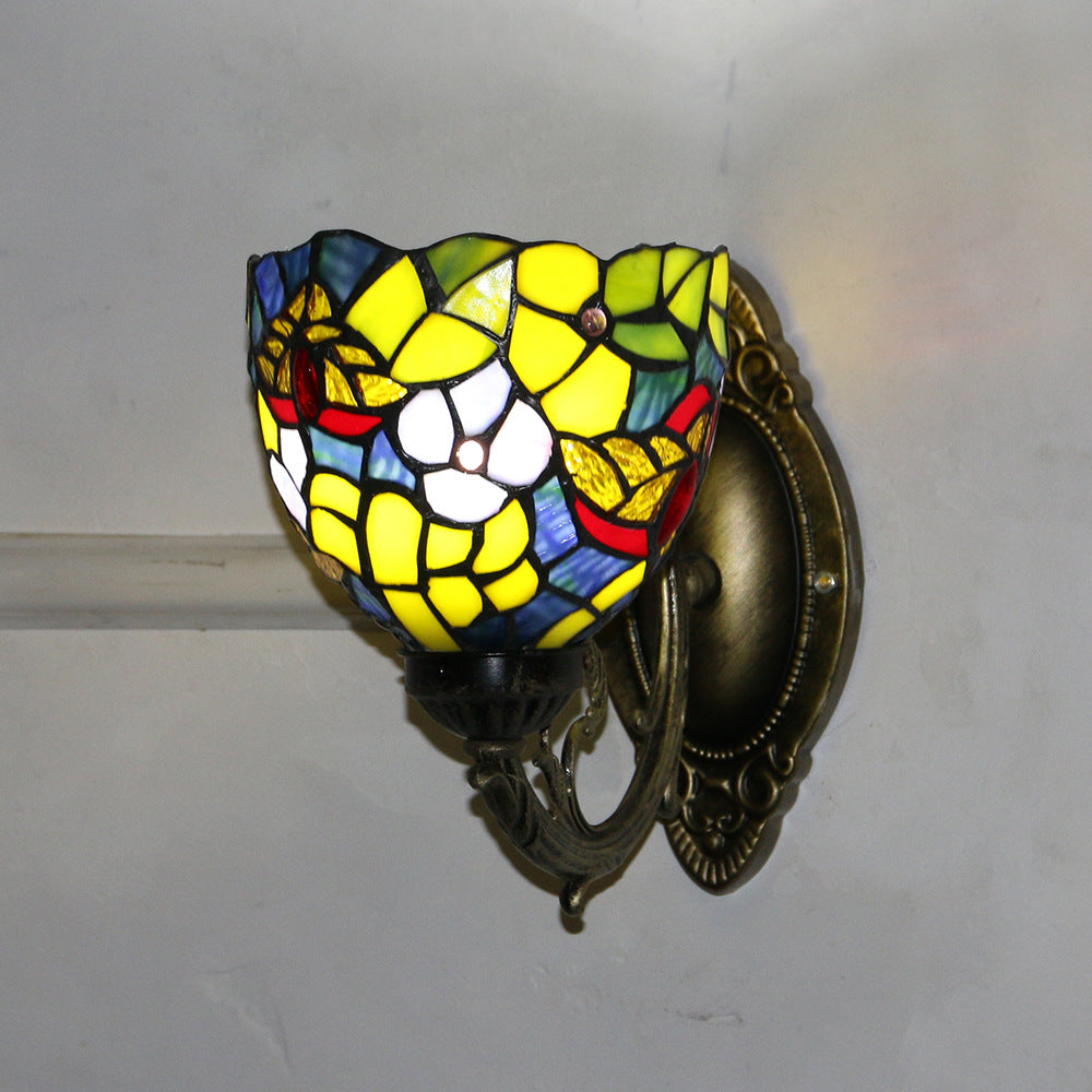 Tiffany Glass Iron Round Bowl 1-Light Wall Sconce Lamp