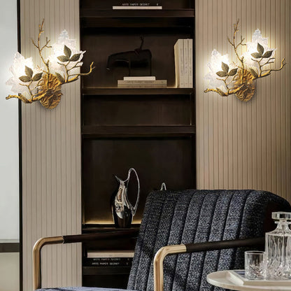 Copper Glass Maple Leaf Branch 2-Light Wall Sconce Lamp