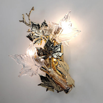 Copper Glass Maple Leaf Branch 2-Light Wall Sconce Lamp
