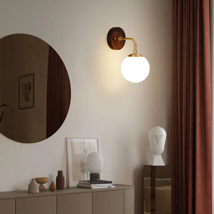 Walnut Brass Glass Round Orb 1-Light Wall Sconce Lamp