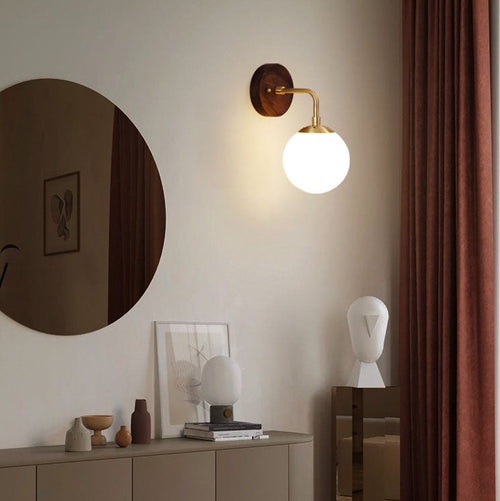 Walnut Brass Glass Round Orb 1-Light Wall Sconce Lamp