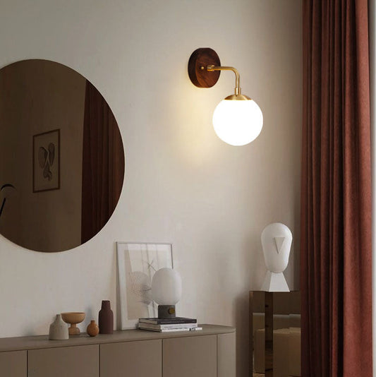 Walnut Brass Glass Round Orb 1-Light Wall Sconce Lamp