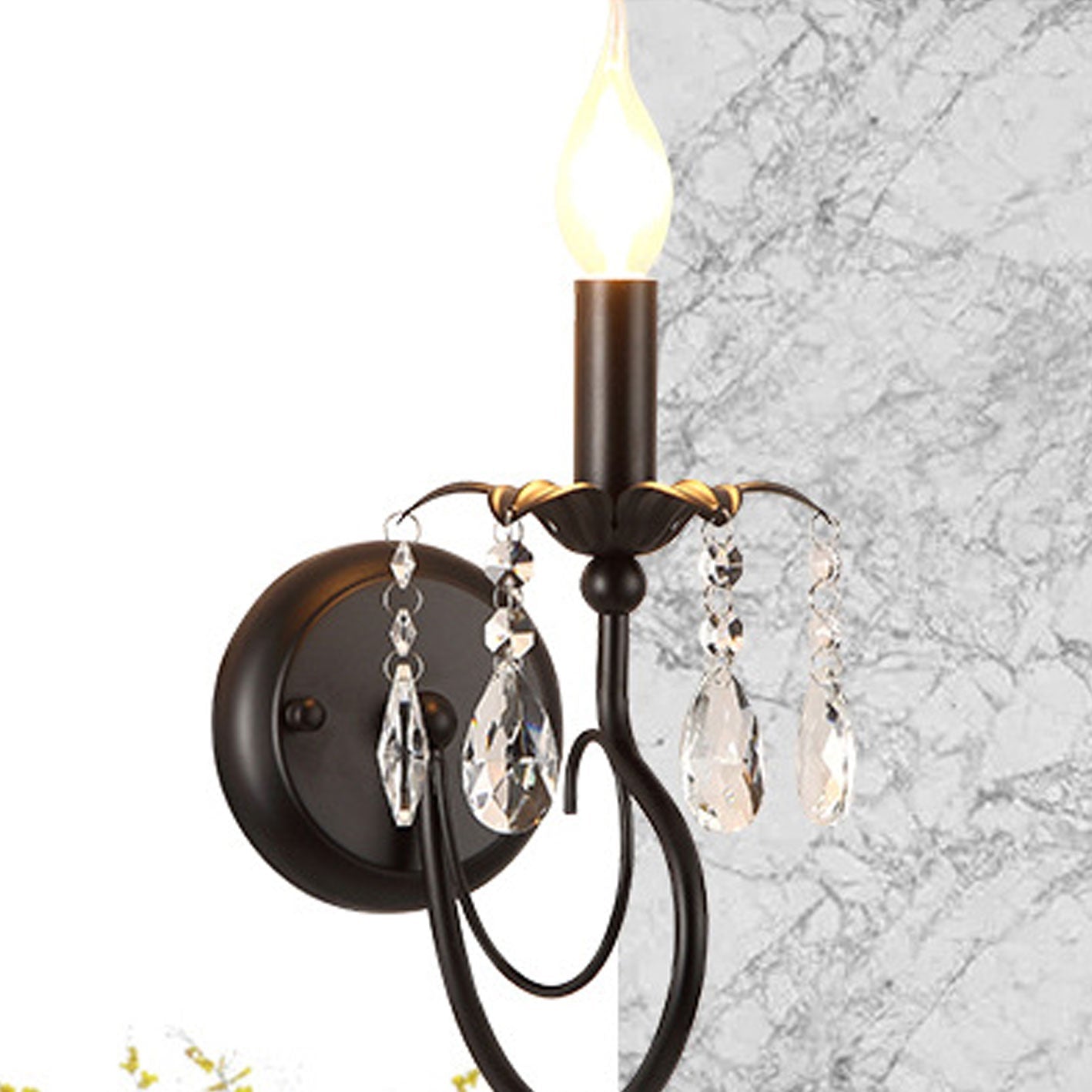 European Wrought Iron Crystal 1-Light Wall Sconce Lamp