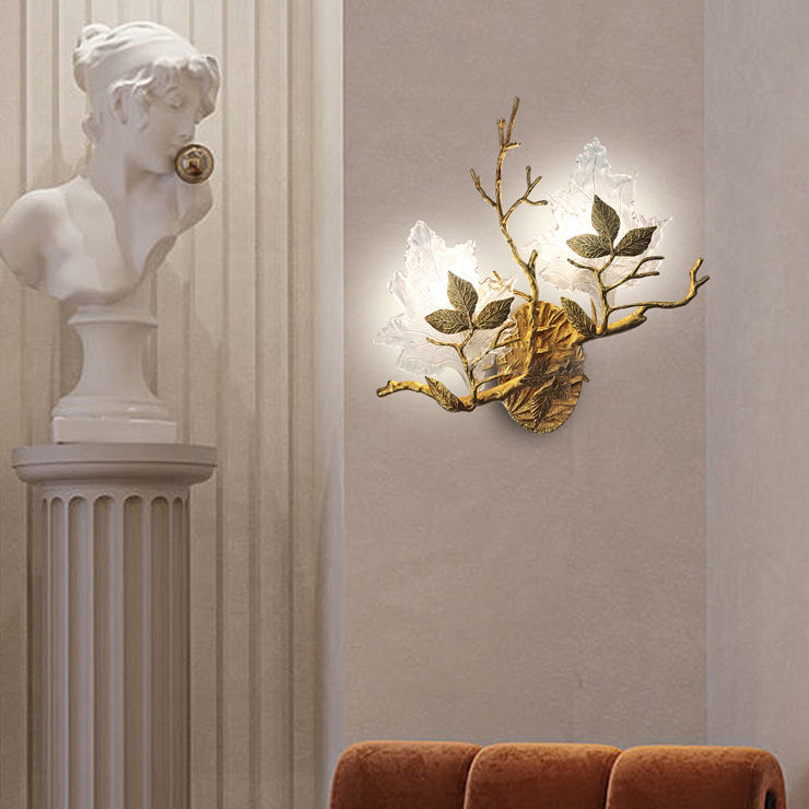 Copper Glass Maple Leaf Branch 2-Light Wall Sconce Lamp