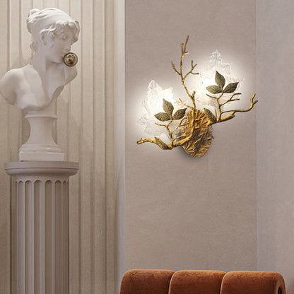 Copper Glass Maple Leaf Branch 2-Light Wall Sconce Lamp