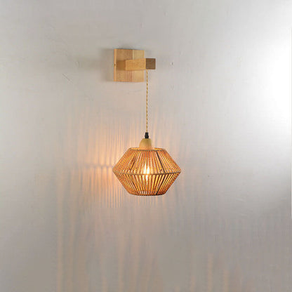 Rope Solid Wood Lantern Cage 1-Light Wall Sconce Lamp