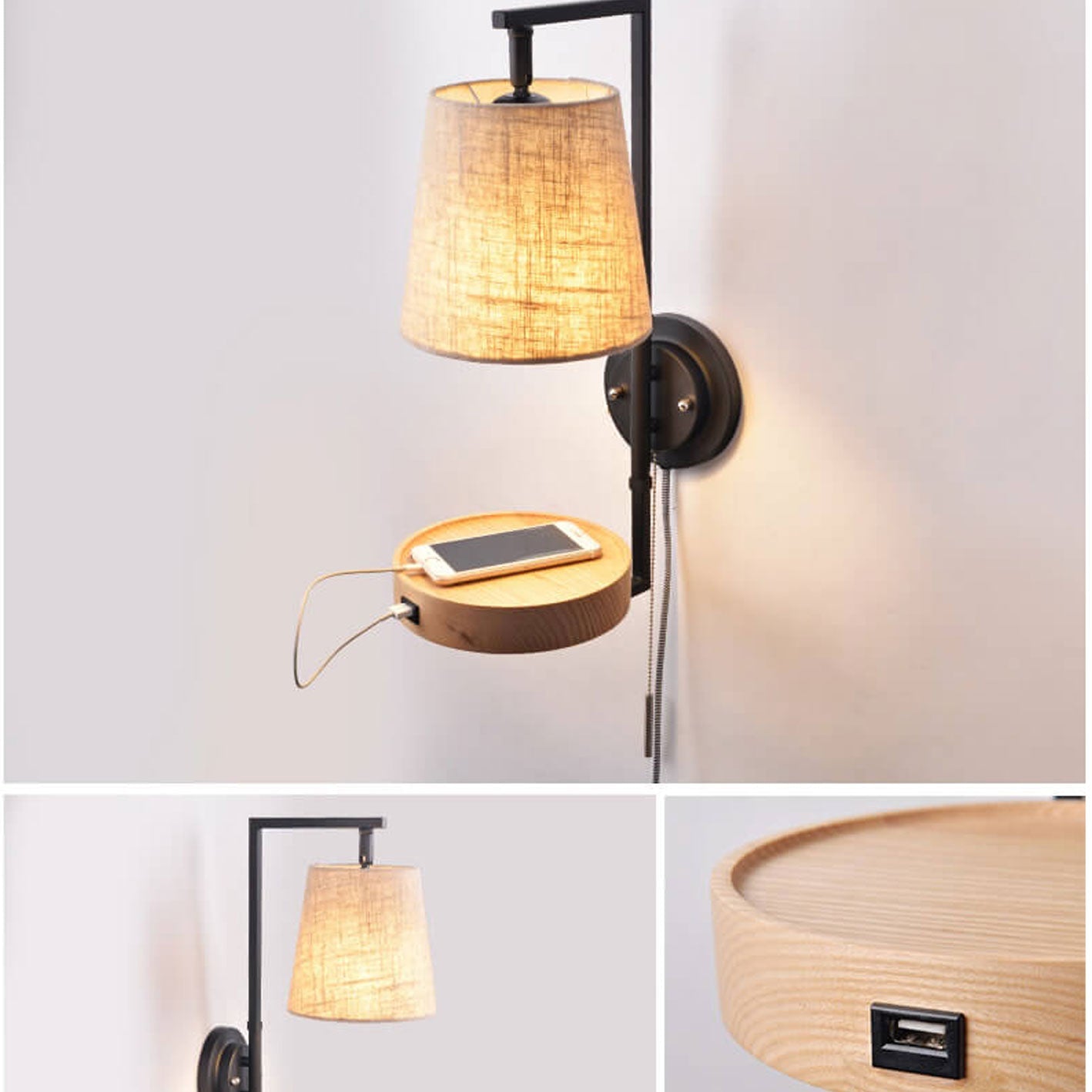 Light Wood Wrought Iron Fabric 1-Light Wall Sconce Lamp