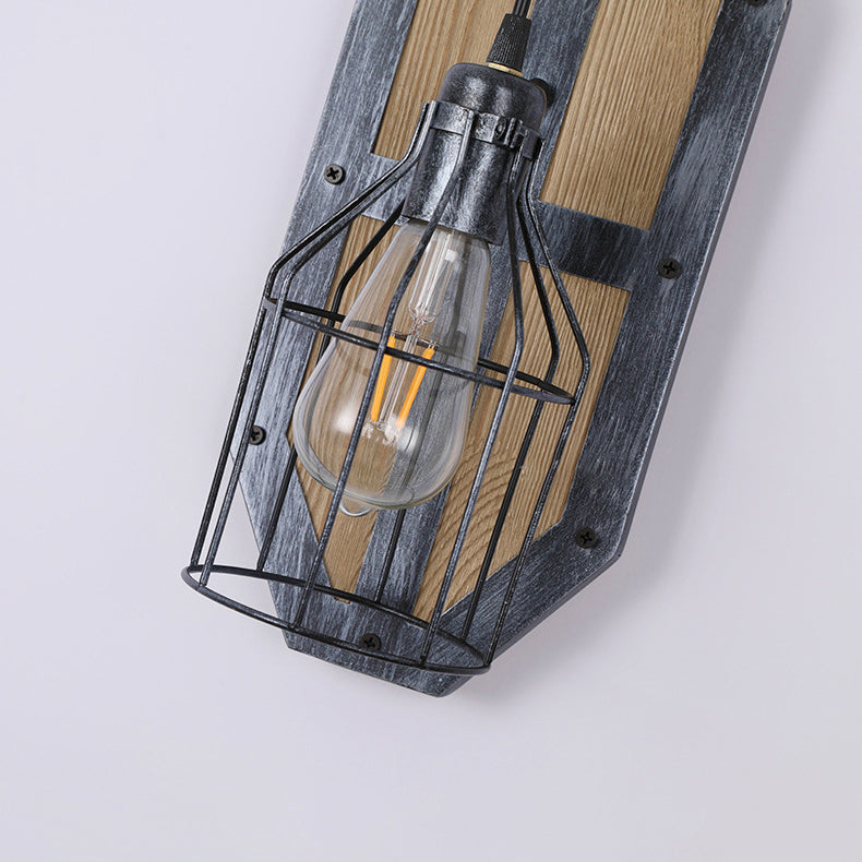 Industrial Pine Wood Iron Cage 1-Light Wall Sconce Lamp