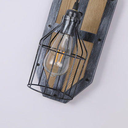 Industrial Pine Wood Iron Cage 1-Light Wall Sconce Lamp
