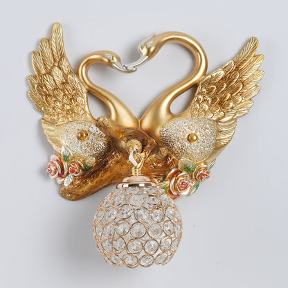Deco Iron Crystal Couple Swan Ball 1-Light Wall Sconce Lamp
