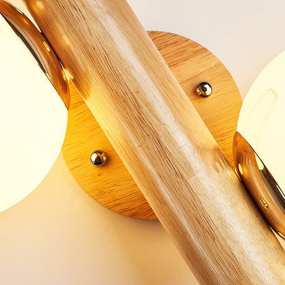 Cylinder Orb Wood Hardware Glass 2-Light Wall Sconce Lamp