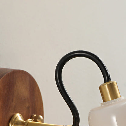 Simplicity Wood Glass Round Conic 1-Light Wall Sconce Lamp