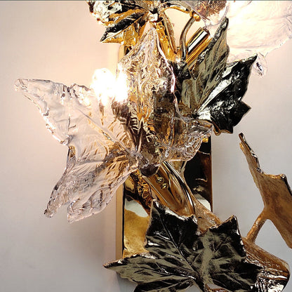 Copper Glass Maple Leaf Branch 2-Light Wall Sconce Lamp