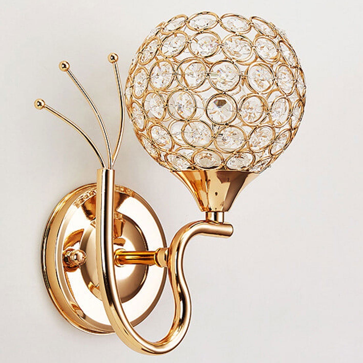 European Crystal Ball Curved Arm 1-Light Wall Sconce Lamp