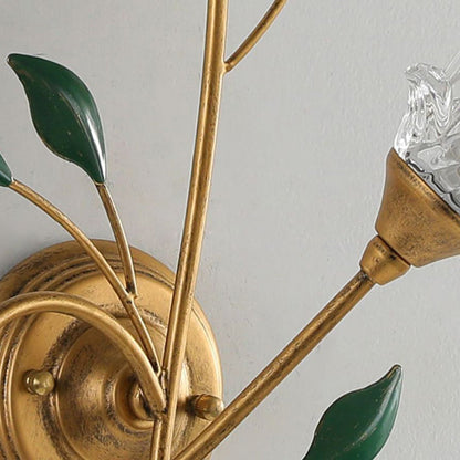 Iron Crystal Glass Flower Leave 2-Light Wall Sconce Lamp