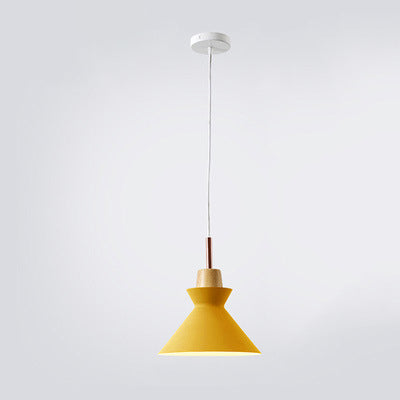 Contemporary Nordic Oak Wood Iron Bell Cone Dome 1-Light Pendant Light For Living Room