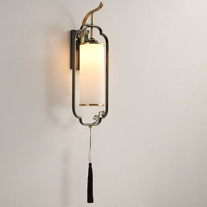 Chinese Copper Iron Glass Column 1-Light Wall Sconce Lamp