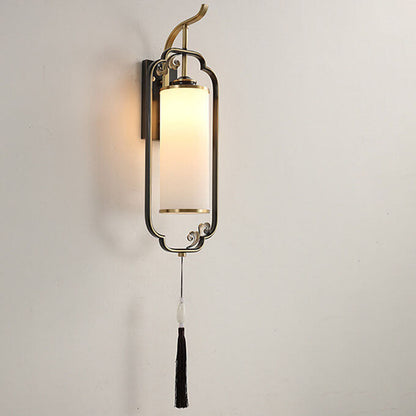 Chinese Copper Iron Glass Column 1-Light Wall Sconce Lamp