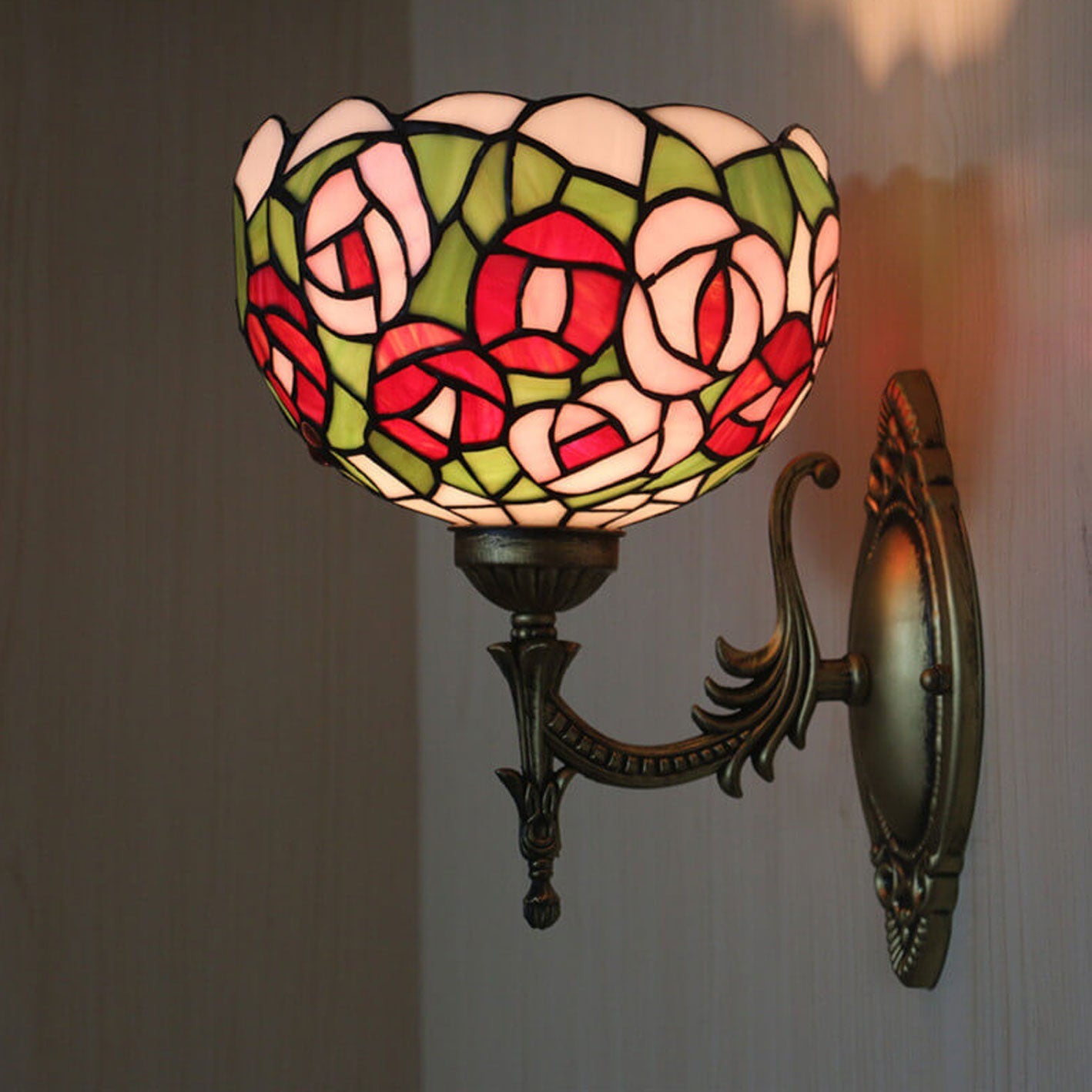 Tiffany Rose Stained Glass Bowl 1-Light Wall Sconce Lamp