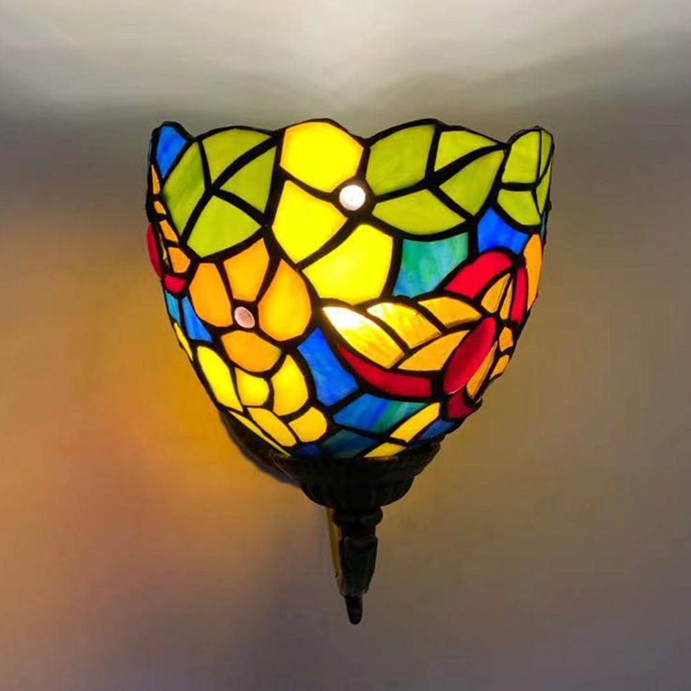 Tiffany Flower Iron Stained Glass 1-Light Wall Sconce Lamp