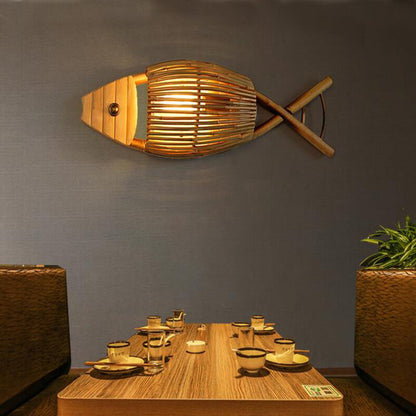 Vintage Bamboo Weaving Fish Shaped 1-Light Wall Sconce Lamp